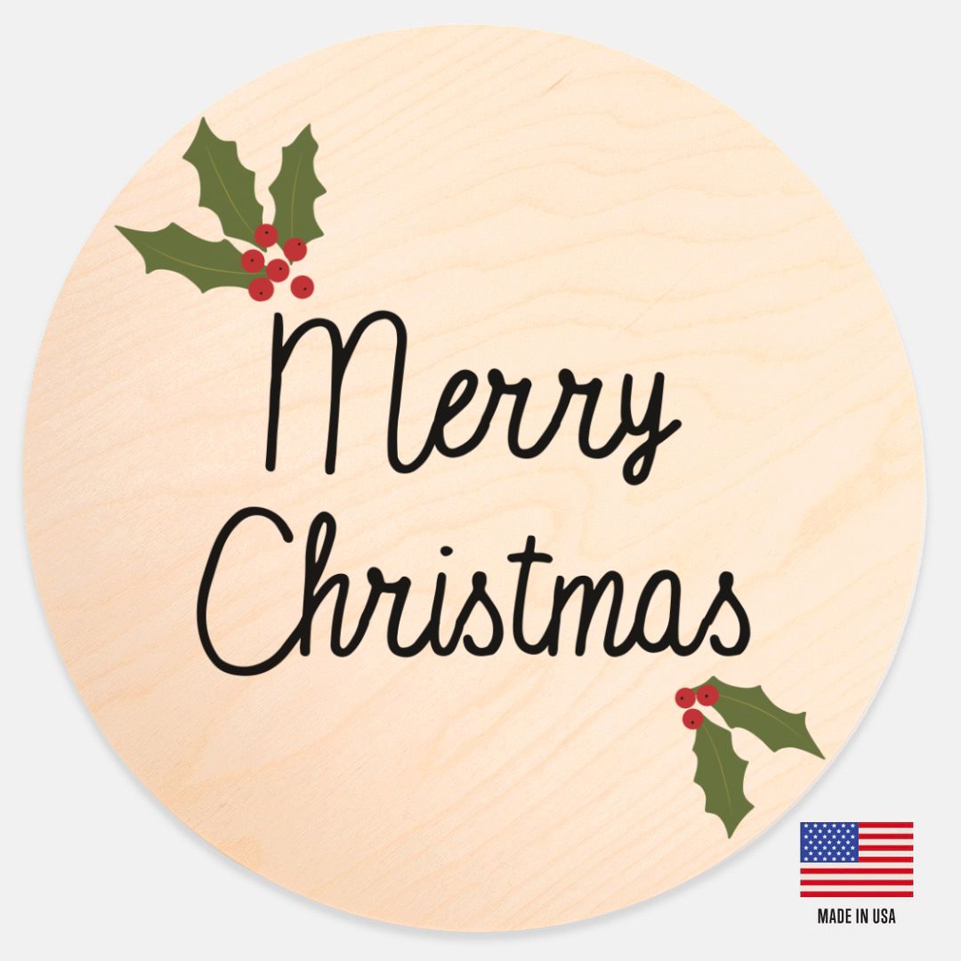 12" Round Wood Sign - Merry Christmas Holly