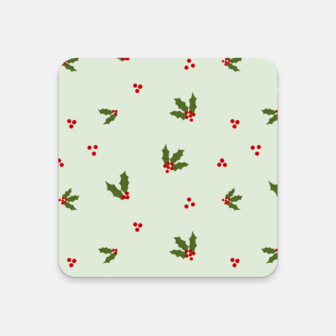 Cork Back Coaster - Red & Green Holly