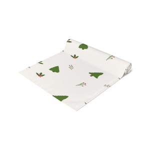 White Holiday Table Runner - Holly & Evergreen Trees
