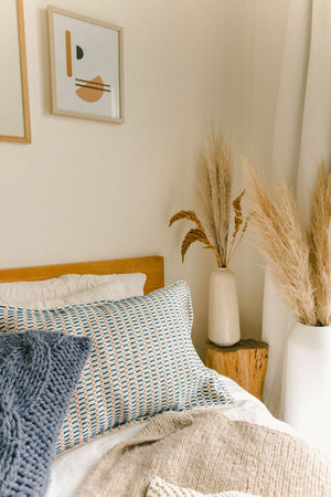 Iza Square Pillow - Indigo & Apricot | Lifestyle Details