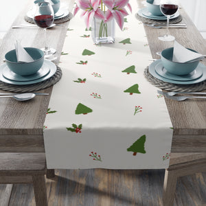 White Holiday Table Runner - Holly & Evergreen Trees