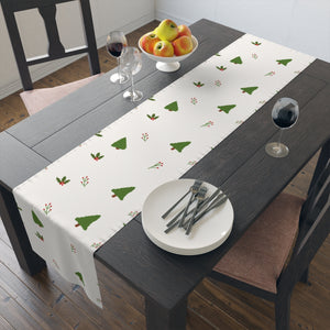 White Holiday Table Runner - Holly & Evergreen Trees