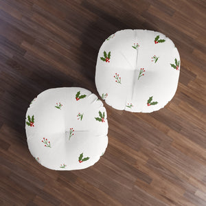 White Round Tufted Holiday Floor Pillow - Holly