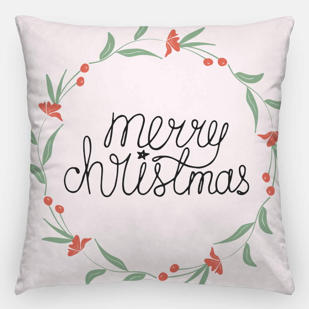 24x24 Holiday Polyester Pillowcase - Colorful Merry Christmas Wreath