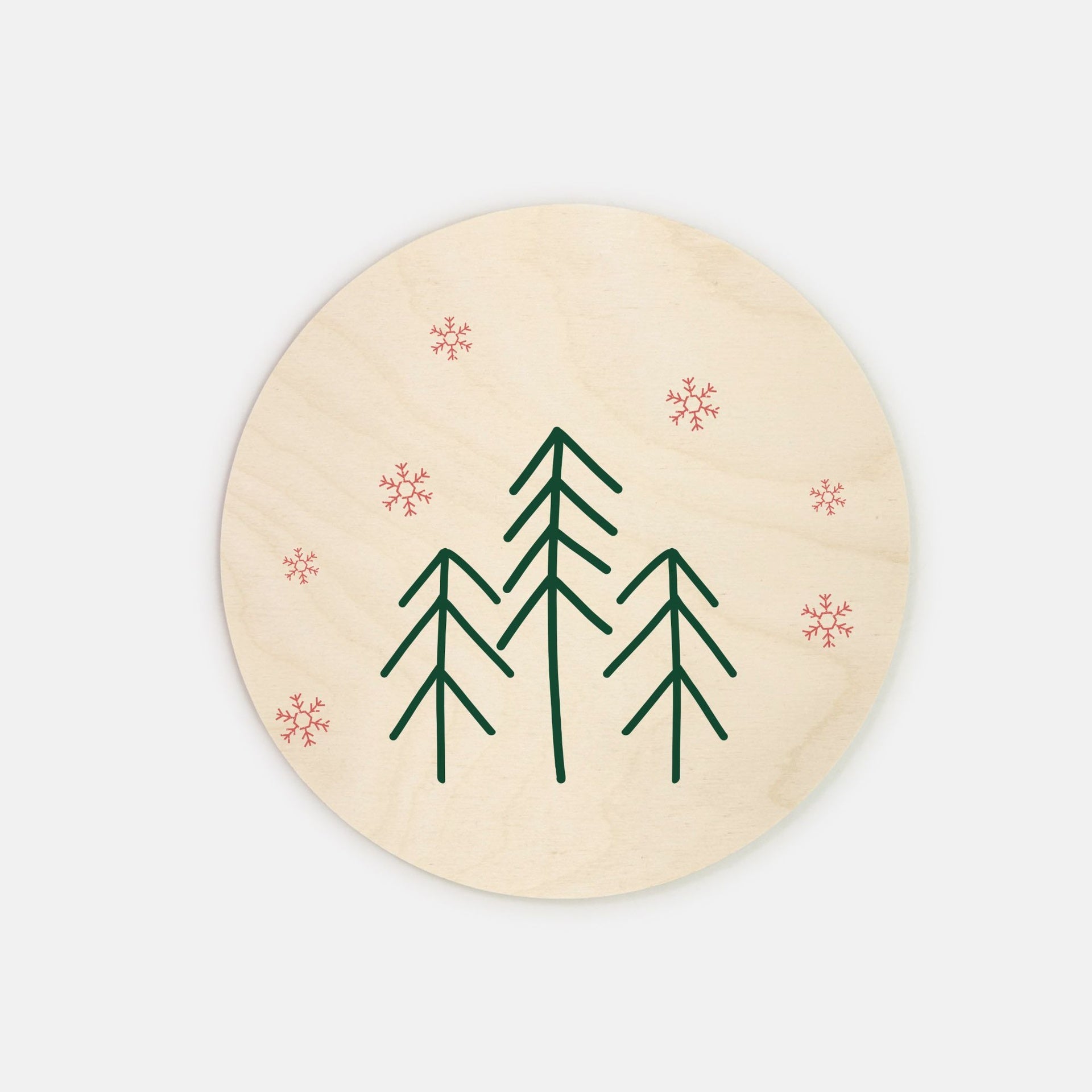 8" Round Wood Sign - Evergreen Trees & Red Snowflakes