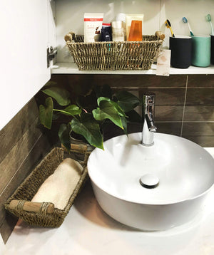 Wicker Storage Baskets with Handles | Kitchen Storage Organizer Toilet Tank Bin (Set 2)