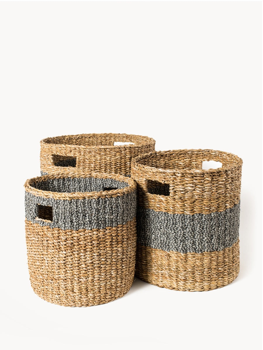 Black Savar Hamper Baskets with Handle - Set of 3