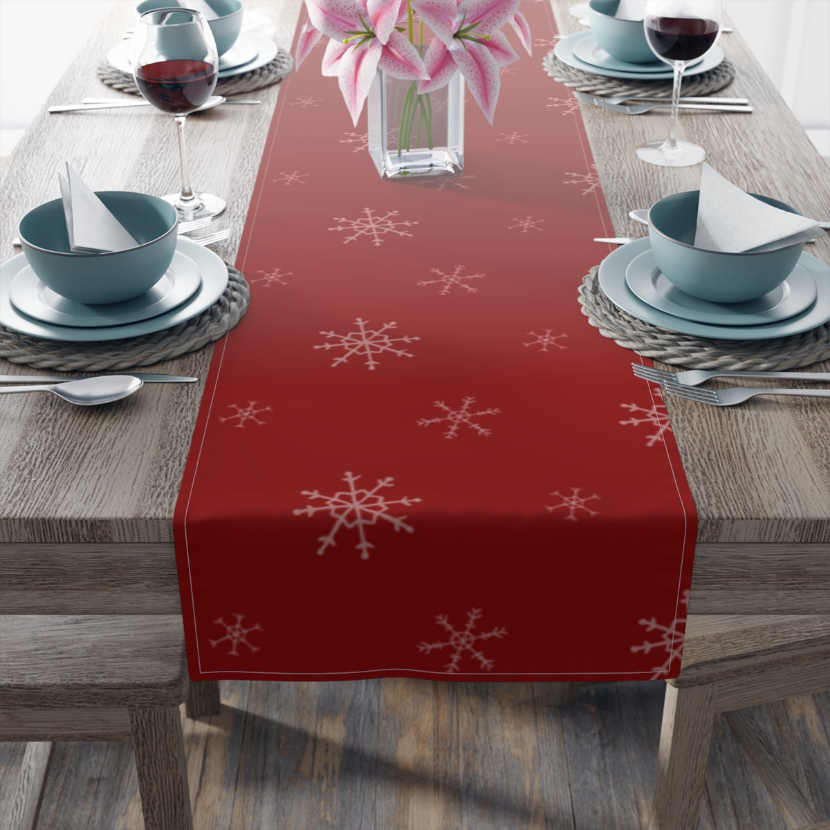 Red Holiday Table Runner - Snowflakes