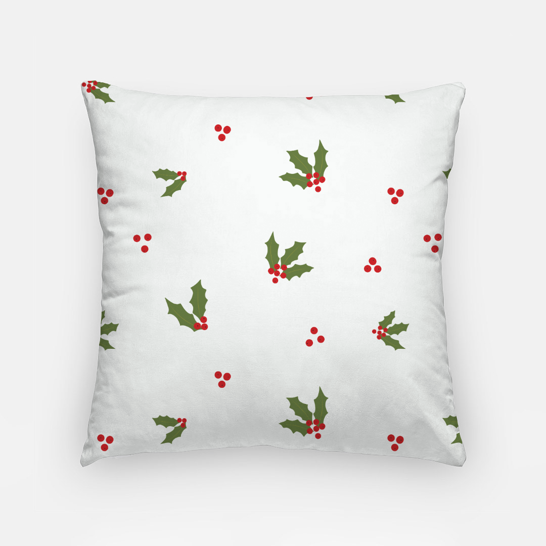 18x18 White Holiday Polyester Pillowcase - Red & Green Holly