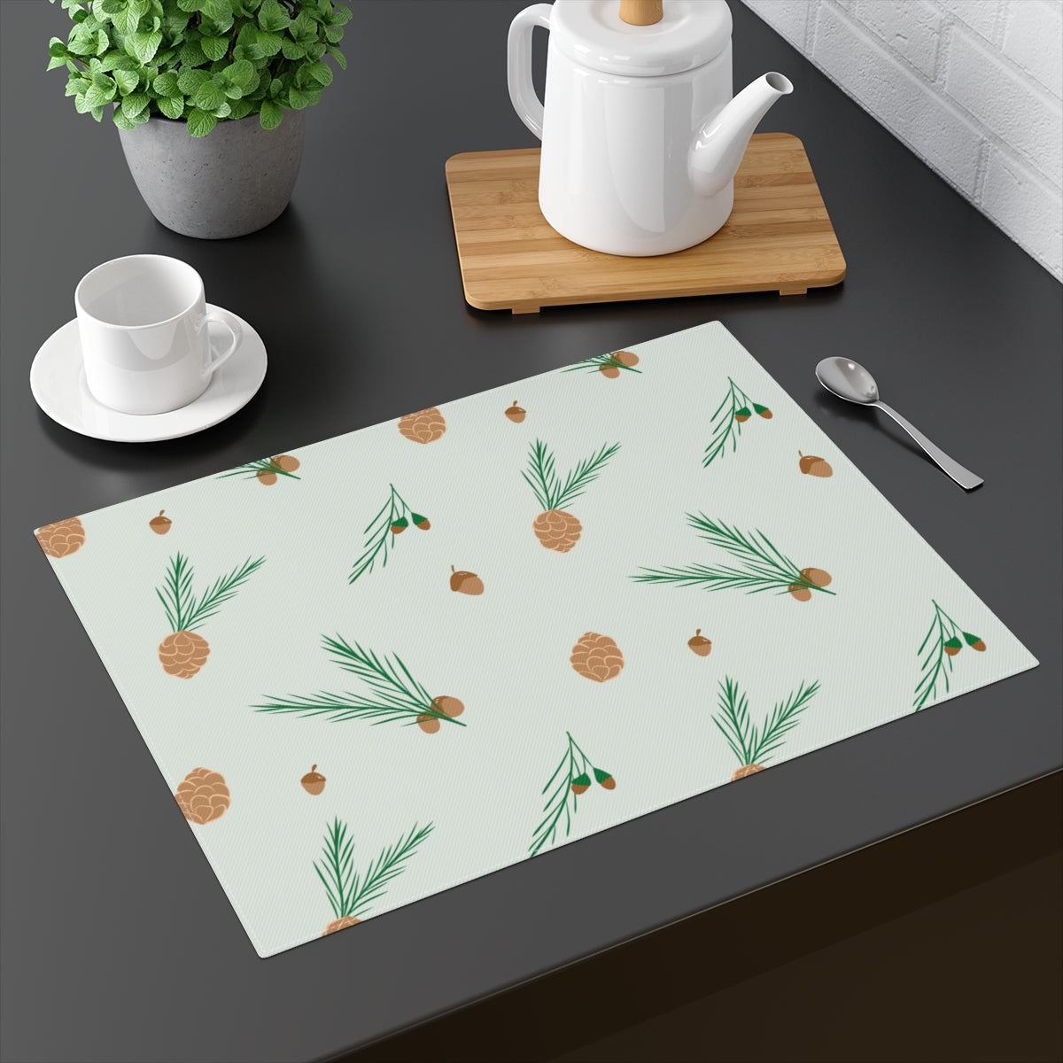 Green Holiday Table Placemat - Pinecones & Acorns