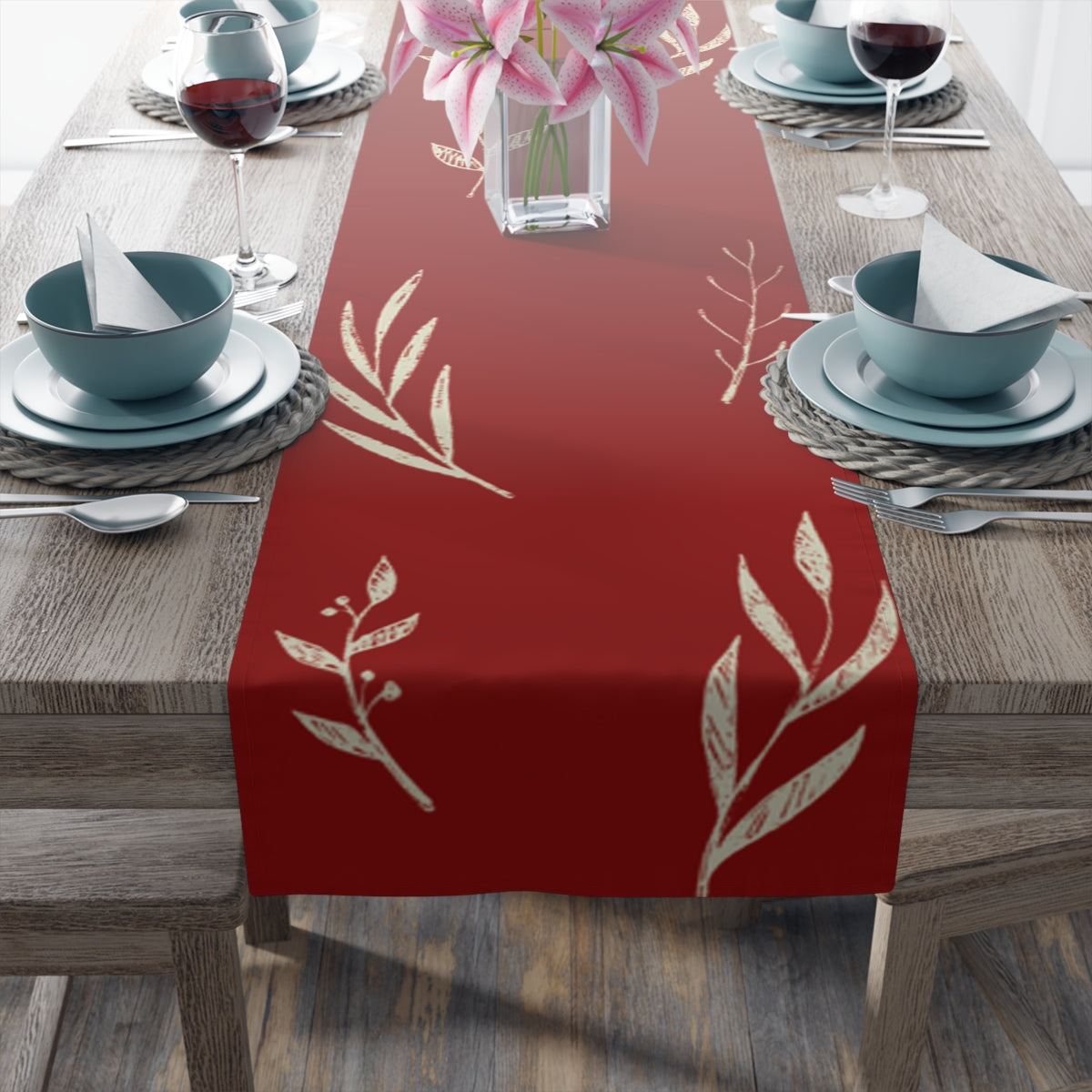 Red Holiday Table Runner - White Garland