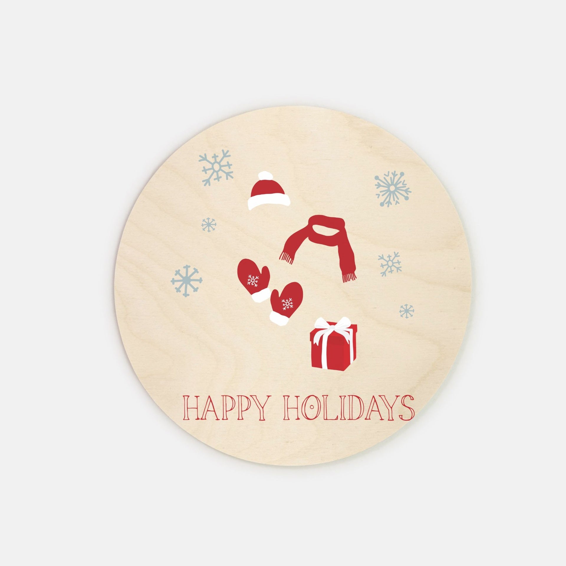 8" Round Wood Sign - Red Happy Holidays
