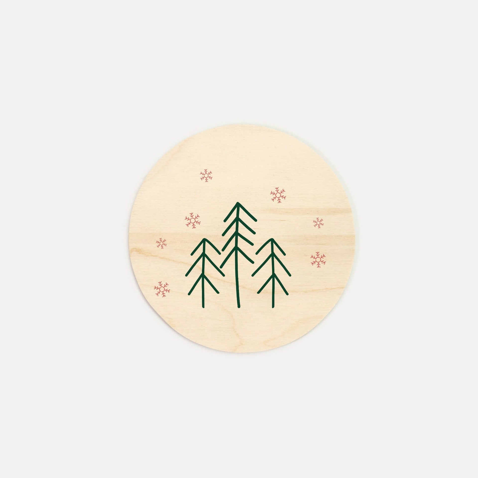 6" Round Wood Sign - Evergreens & Snowflakes