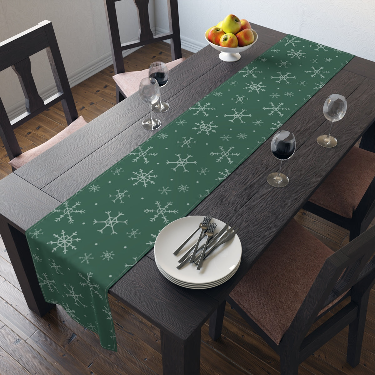 Green Holiday Table Runner - Snowflakes
