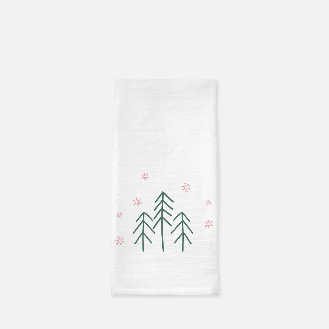 Holiday Tea Towel - Evergreen Trees & Red Snowflakes