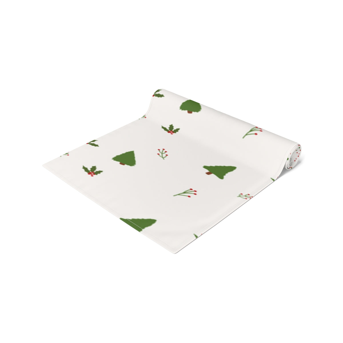 White Holiday Table Runner - Holly & Evergreen Trees