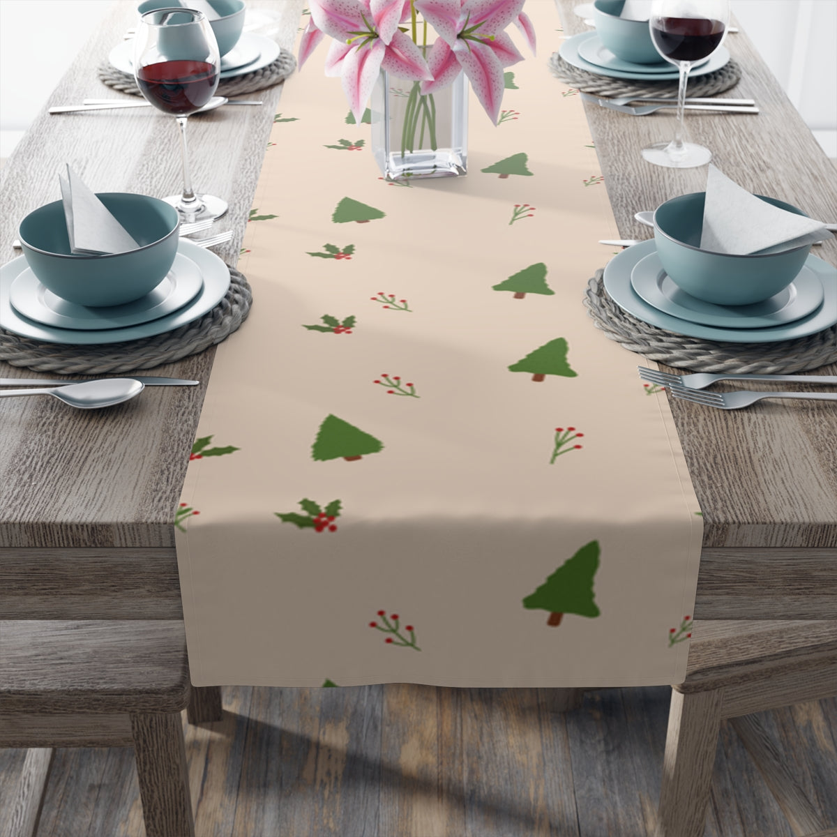 Beige Holiday Table Runner - Holly & Evergreen Trees