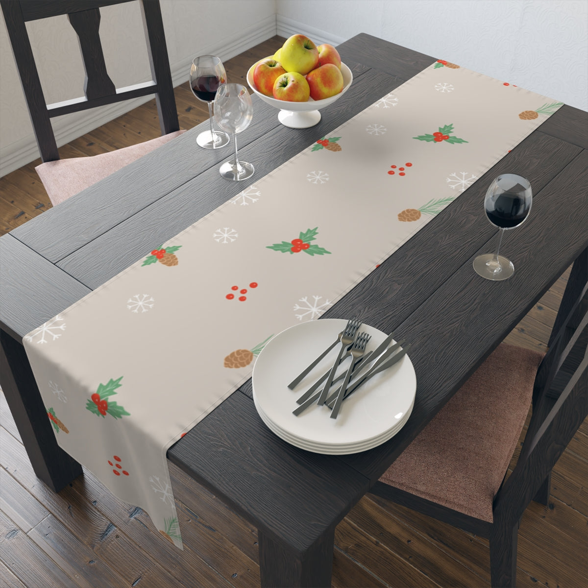 Holiday Table Runner - Holly & Pinecones