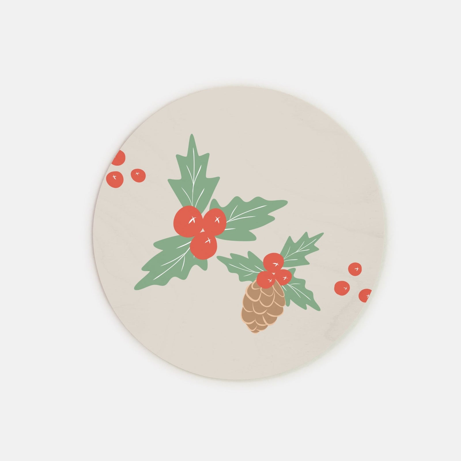 8" Round Wood Sign - Pinecone & Holly