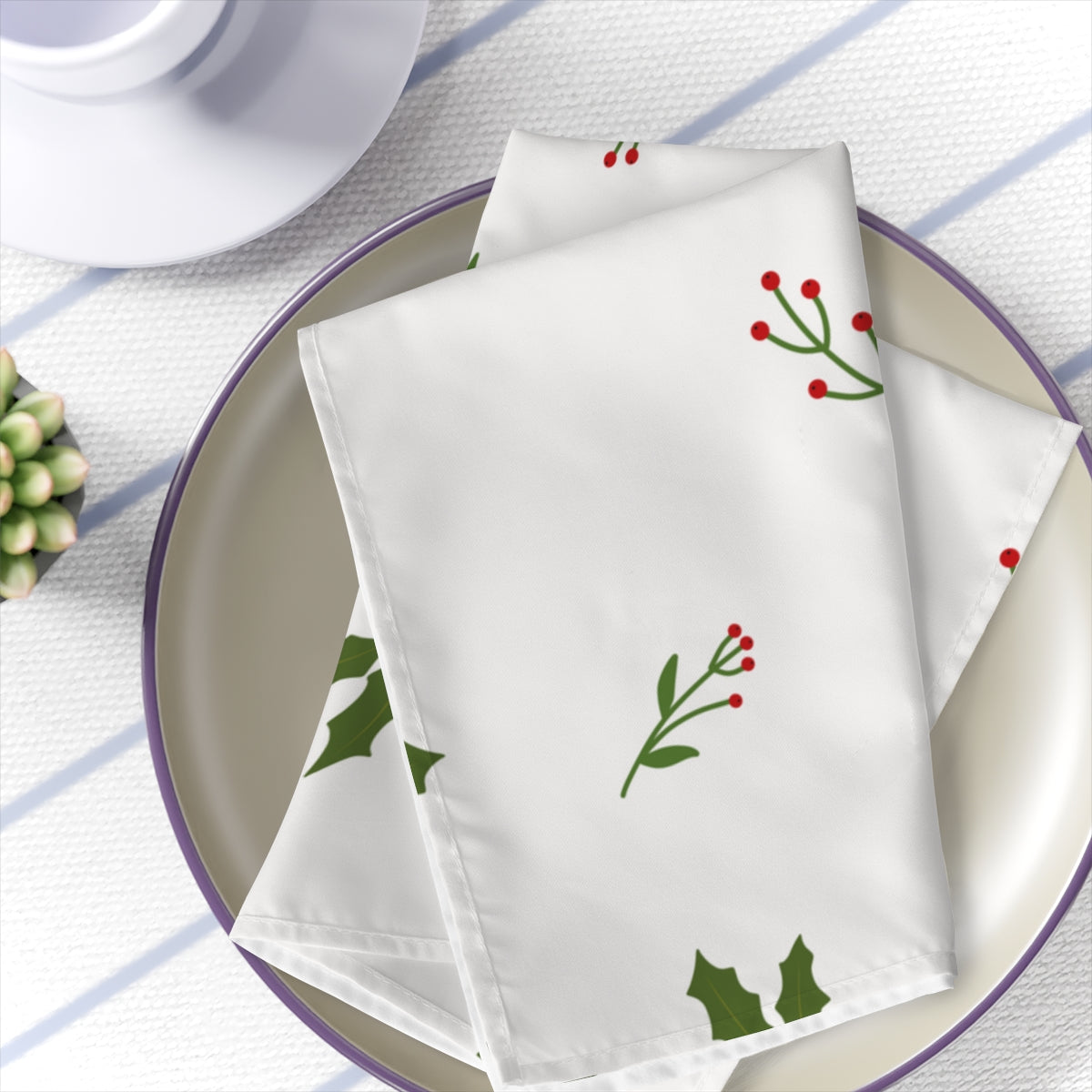 White Holiday Napkins - Holly