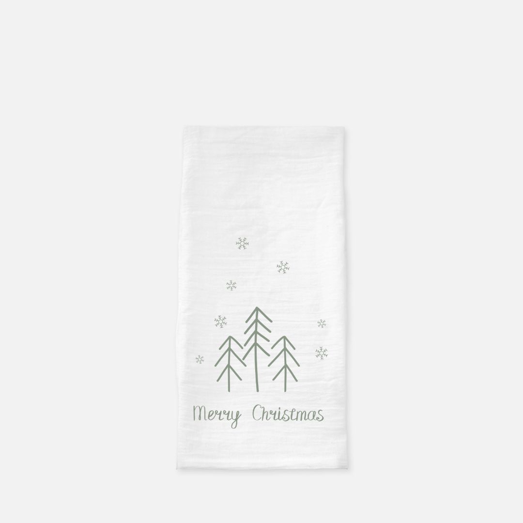 Holiday Tea Towel - Merry Christmas Trees & Snowflakes