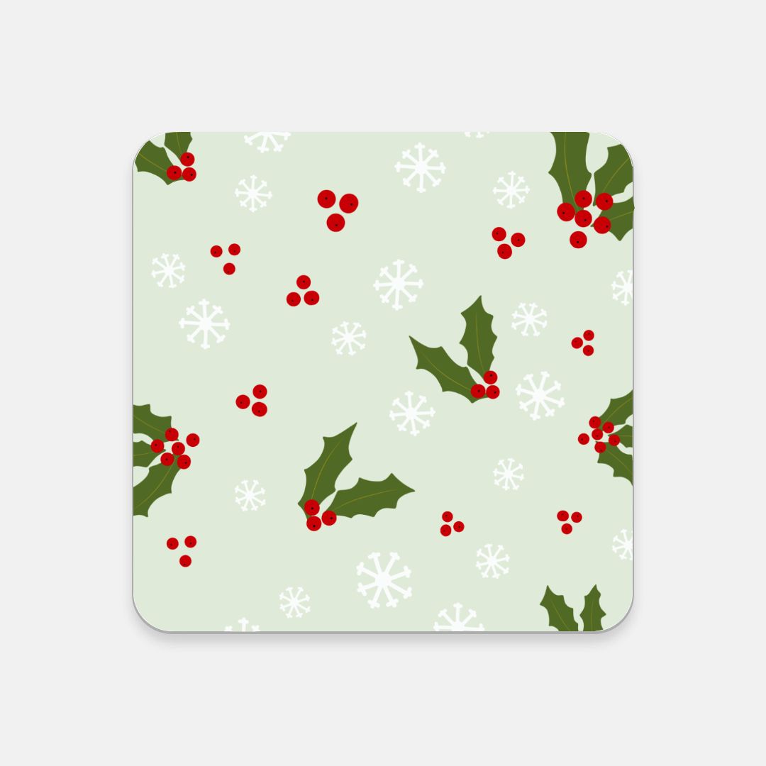 Cork Back Coaster - Holly & Snowflakes