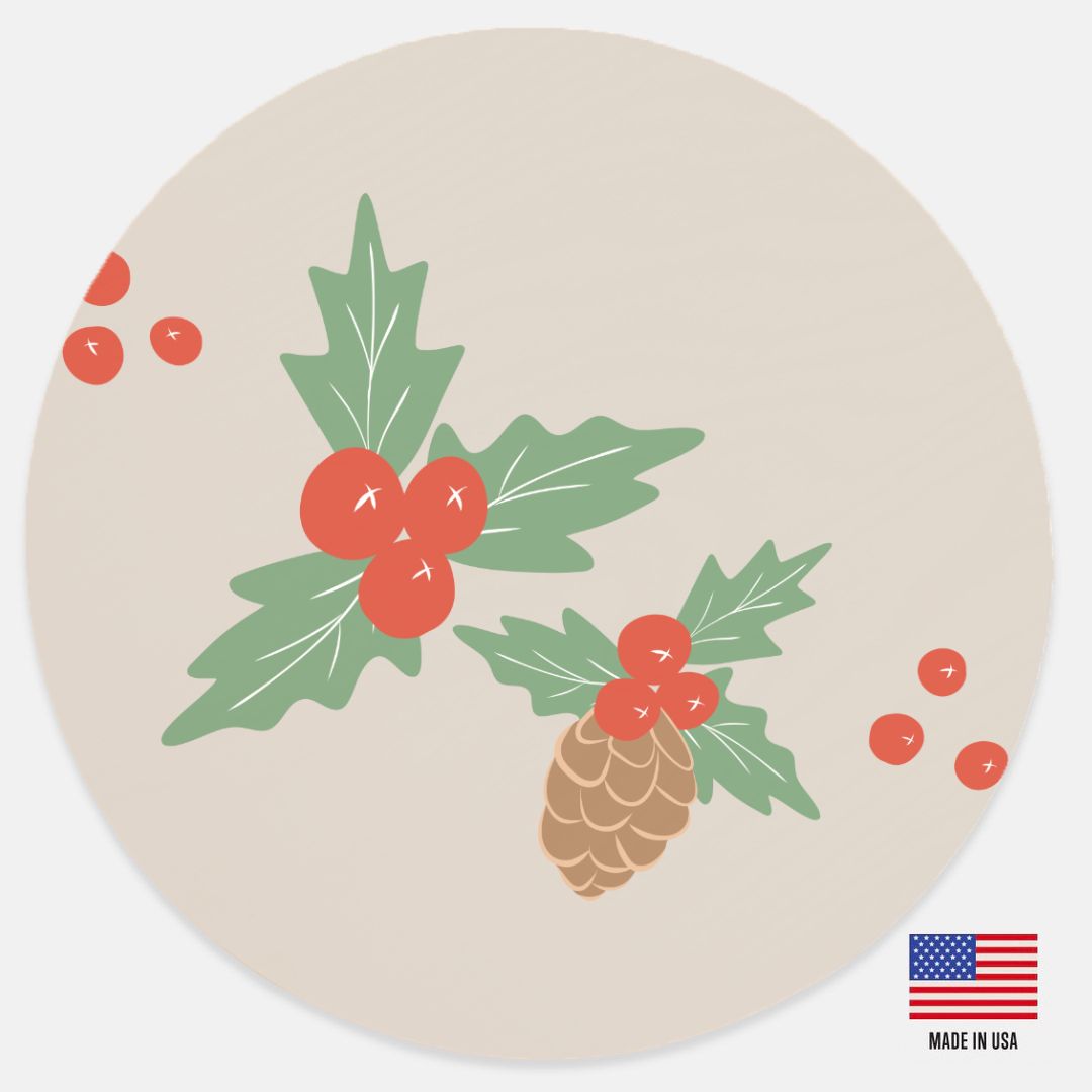12" Round Wood Sign - Pinecone & Holly
