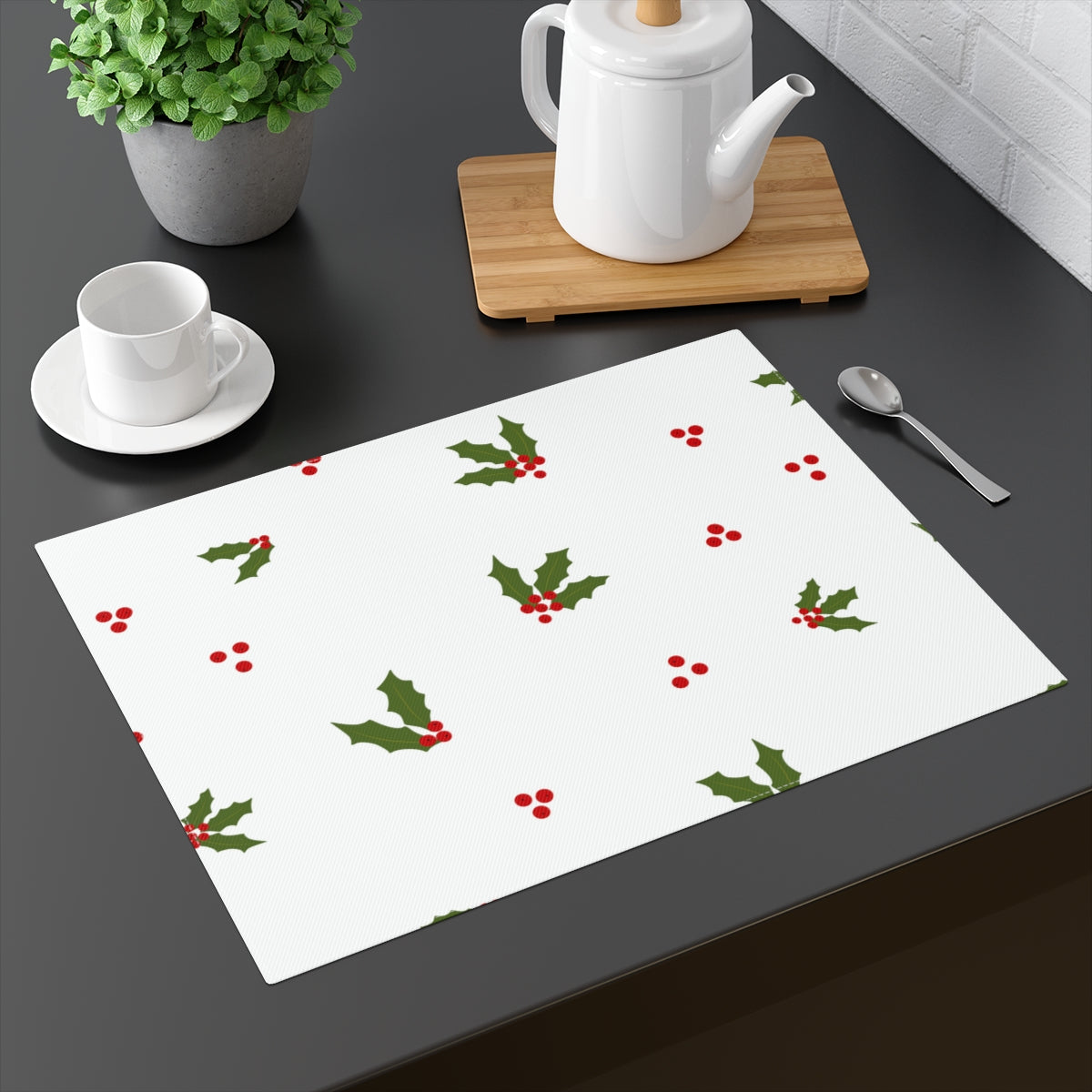White Holiday Table Placemat - Red & Green Holly