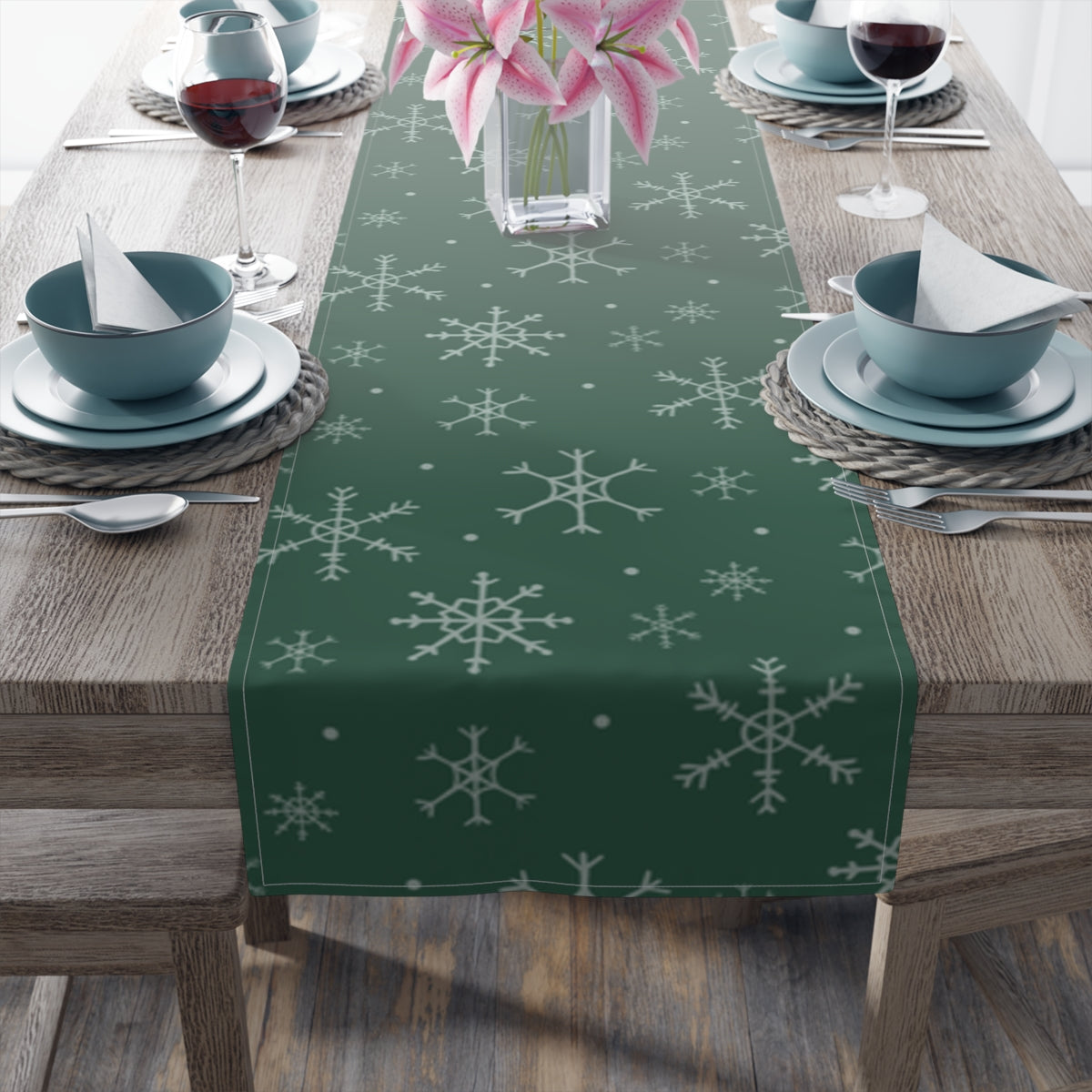 Green Holiday Table Runner - Snowflakes