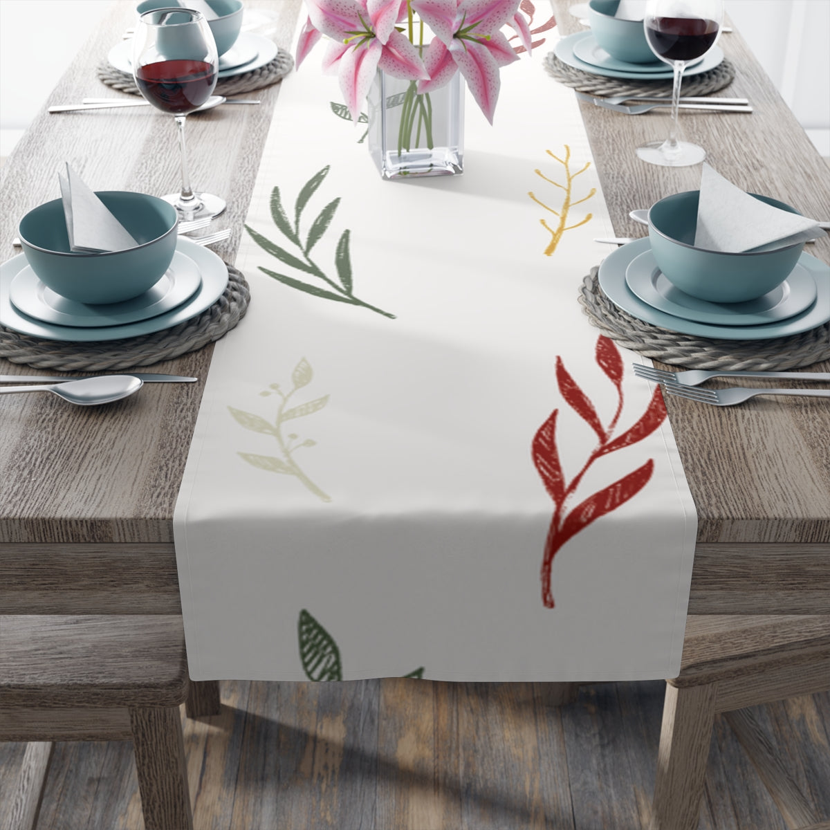 White Holiday Table Runner - Colorful Garland