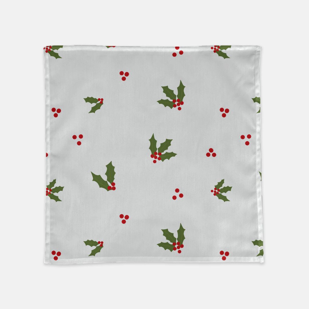 White Holiday Cloth Napkins - Red & Green Holly