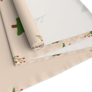 Beige Holiday Table Runner - Holly & Evergreen Trees