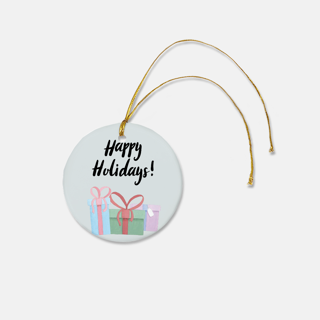 Round Ceramic Holiday Ornament - Happy Holidays & Presents