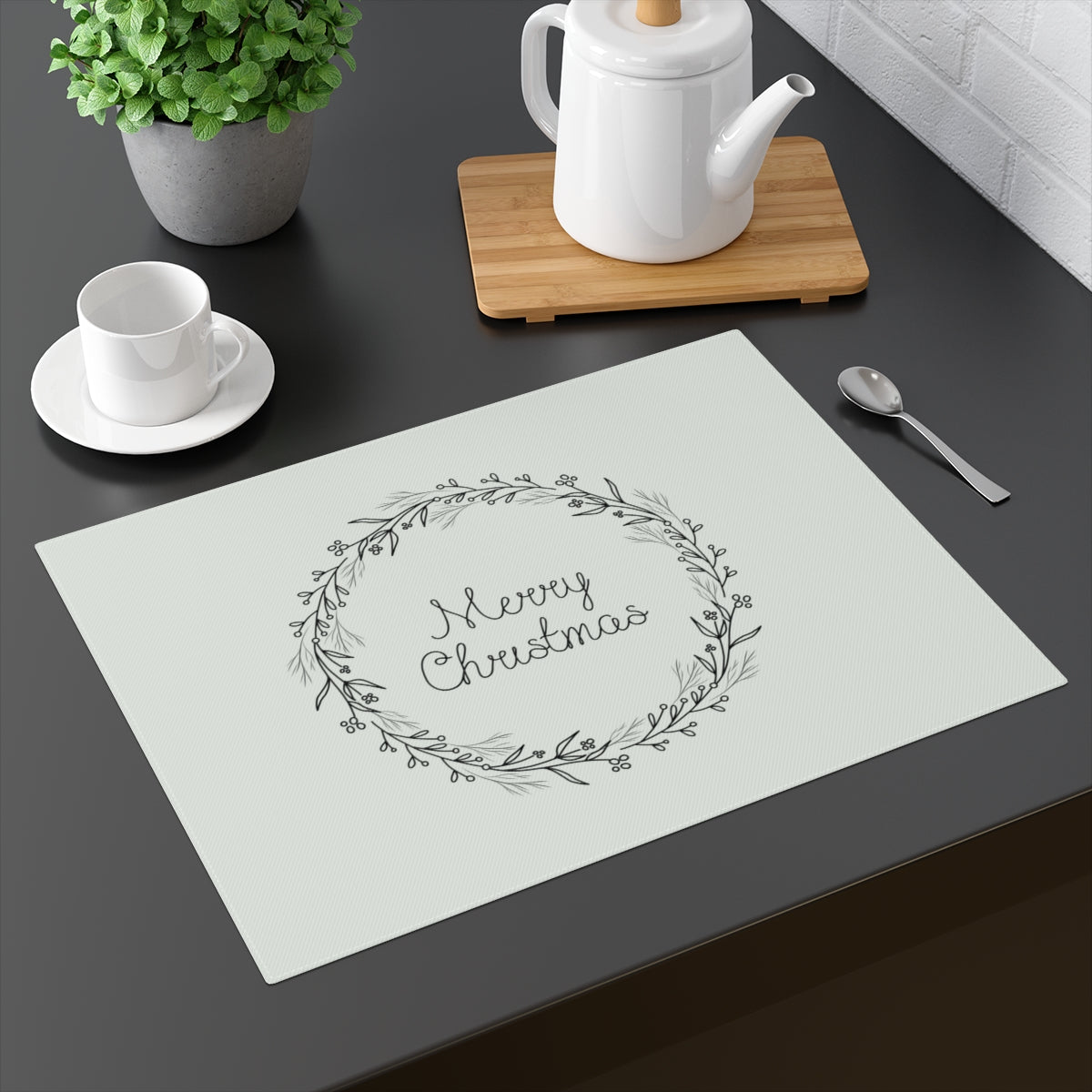 Holiday Table Placemat - Black Merry Christmas Wreath