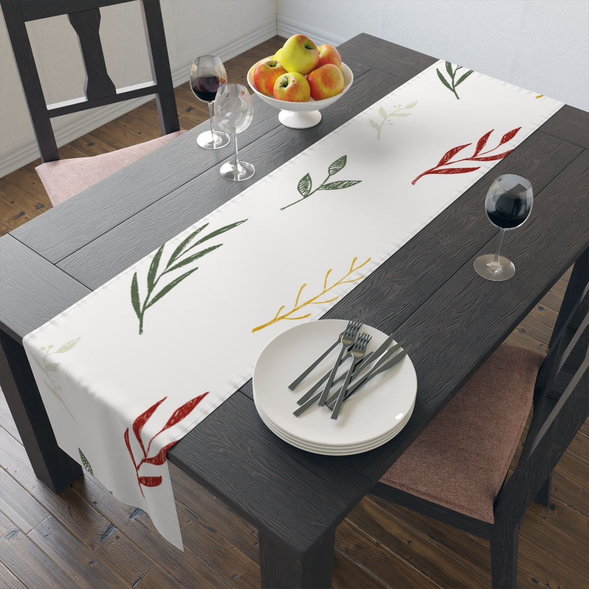 White Holiday Table Runner - Colorful Garland