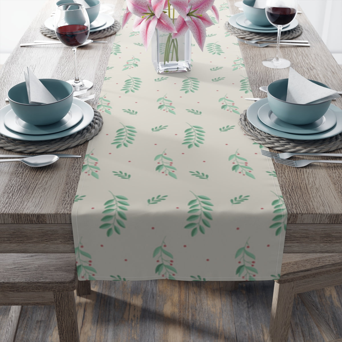 White Holiday Table Runner - Small/Large Evergreens