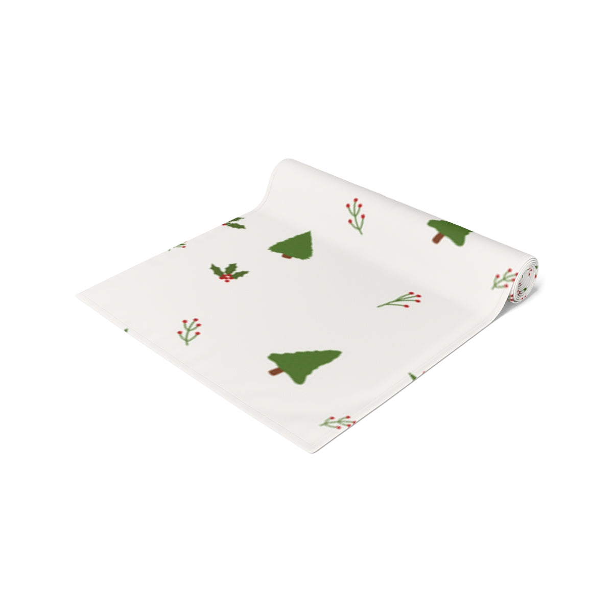 White Holiday Table Runner - Holly & Evergreen Trees