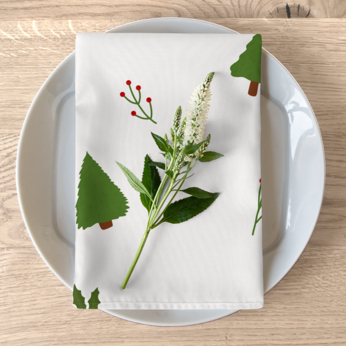 White Holiday Napkins - Evergreen Trees & Holly