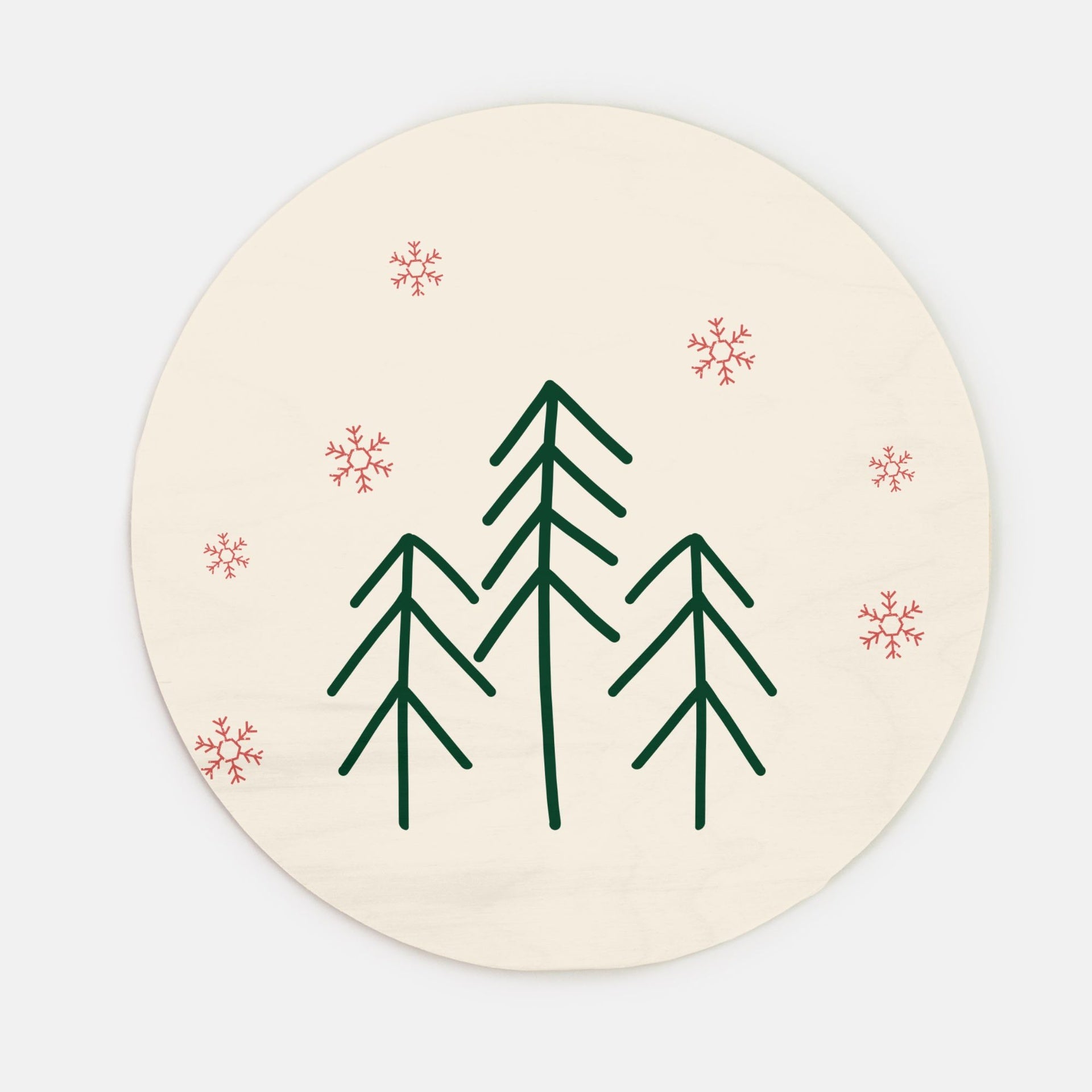 10" Round Wood Sign - Evergreen Trees & Snowflakes