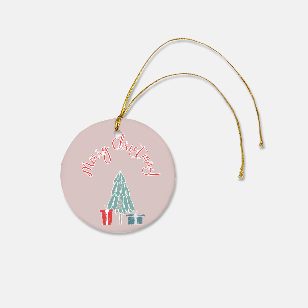 Round Ceramic Holiday Ornament - Merry Christmas Tree