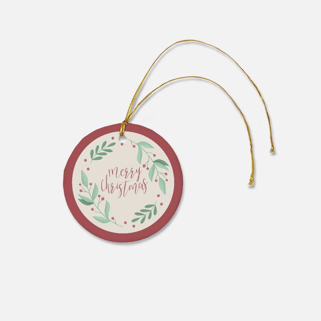 Round Ceramic Holiday Ornament - Merry Christmas Holly