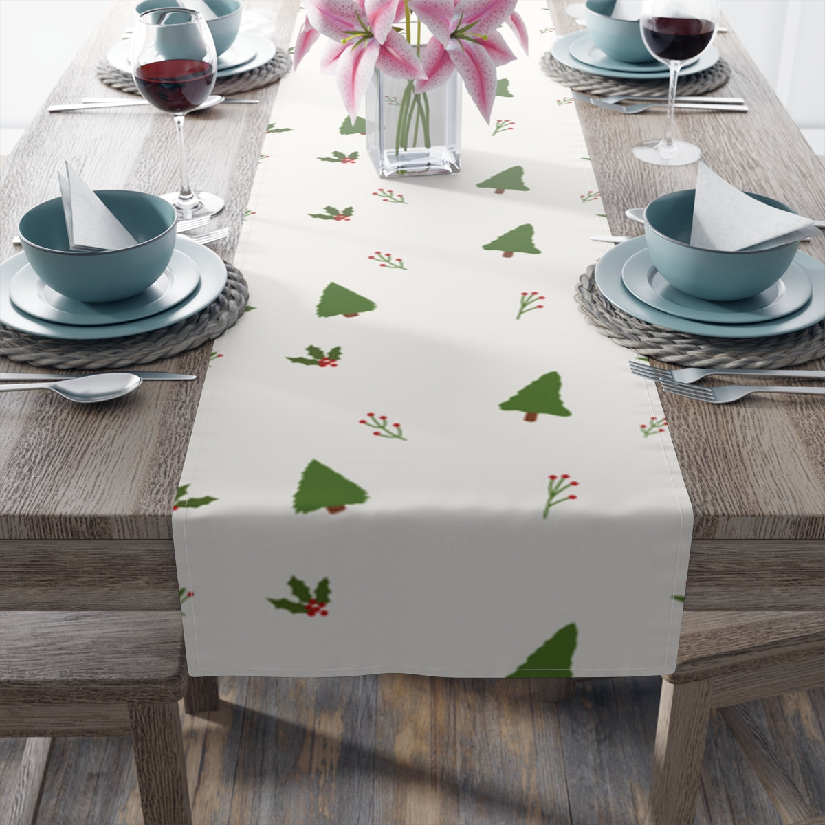 White Holiday Table Runner - Holly & Evergreen Trees