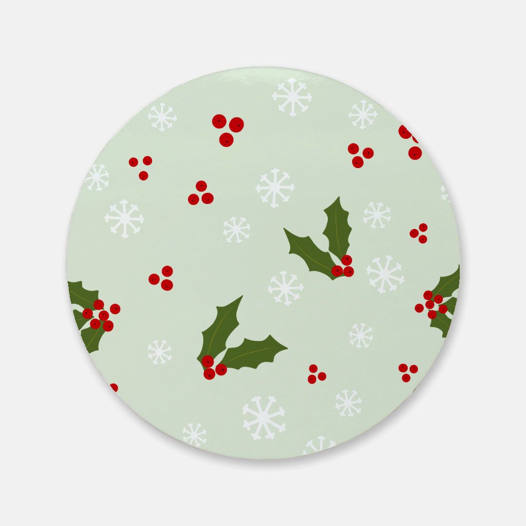 Round Cork Back Coaster - Holly & Snowflakes