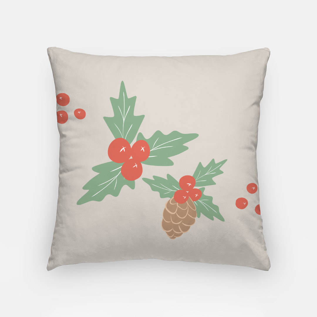 18"x18" Holiday Polyester Pillowcase - Pinecones & Holly