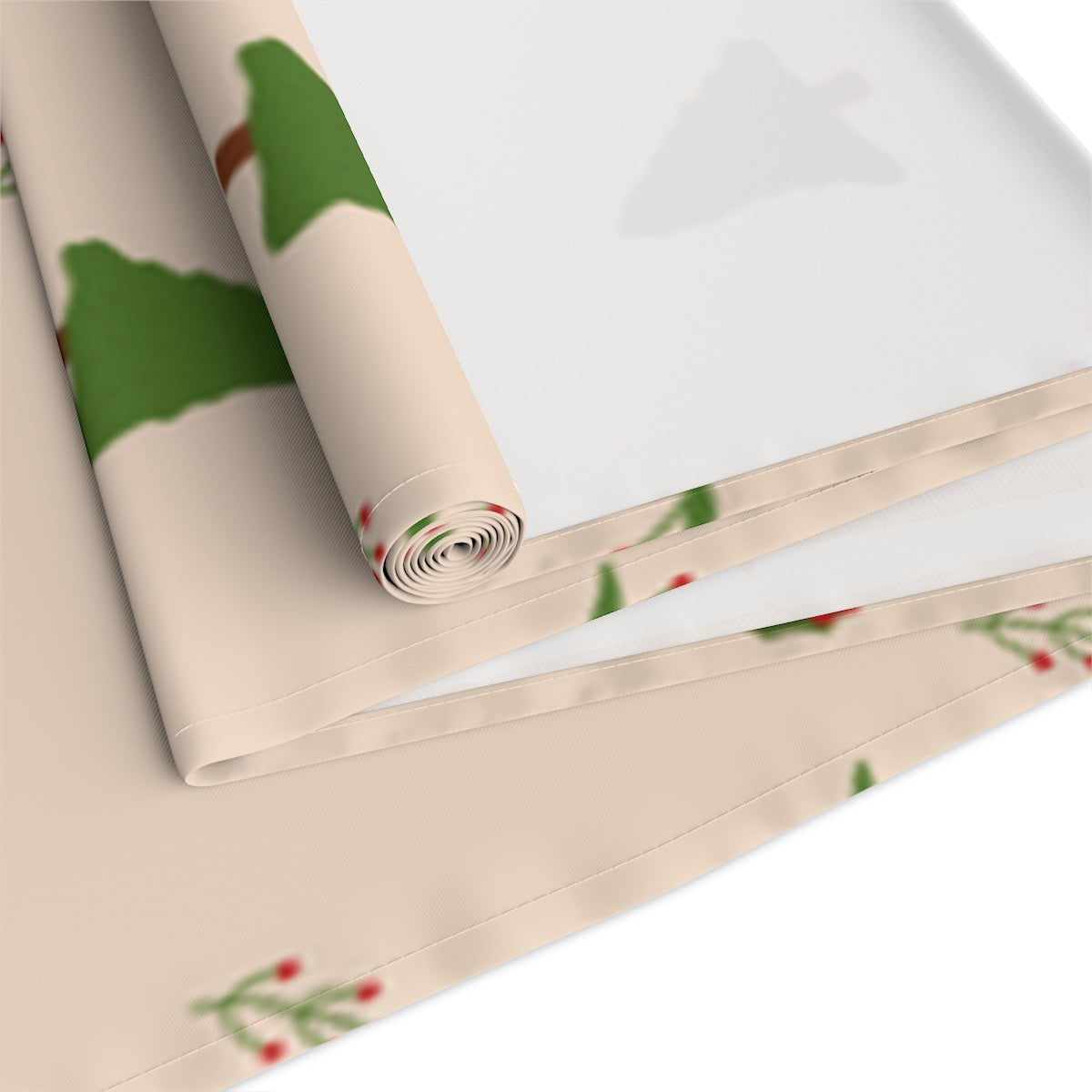 Beige Holiday Table Runner - Holly & Evergreen Trees