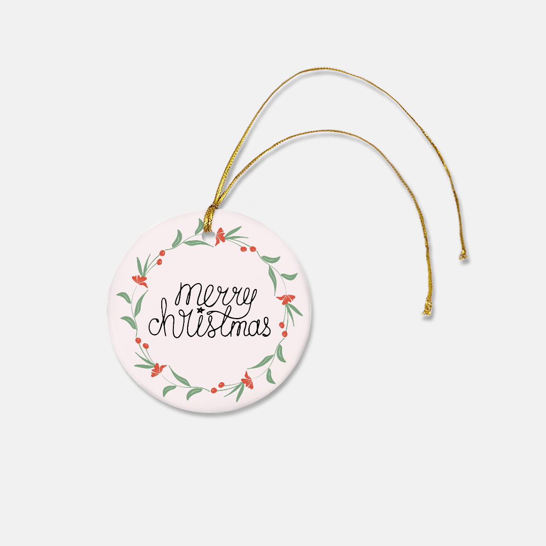 Round Ceramic Holiday Ornament - Colorful Wreath