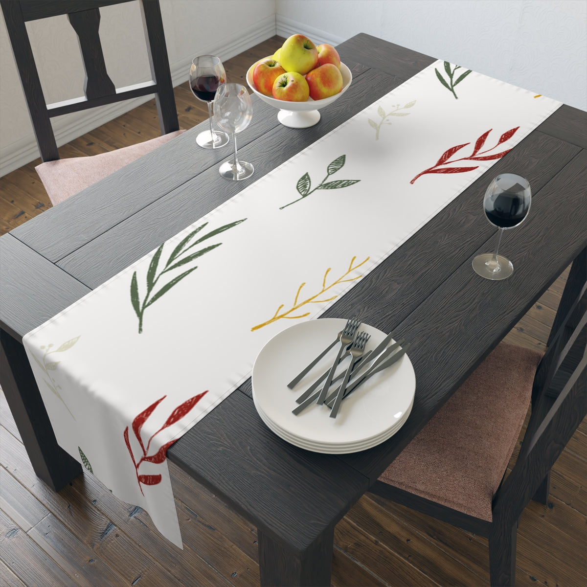White Holiday Table Runner - Colorful Garland