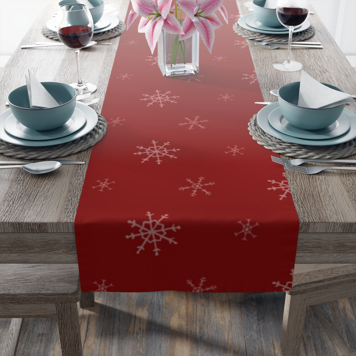 Red Holiday Table Runner - Snowflakes