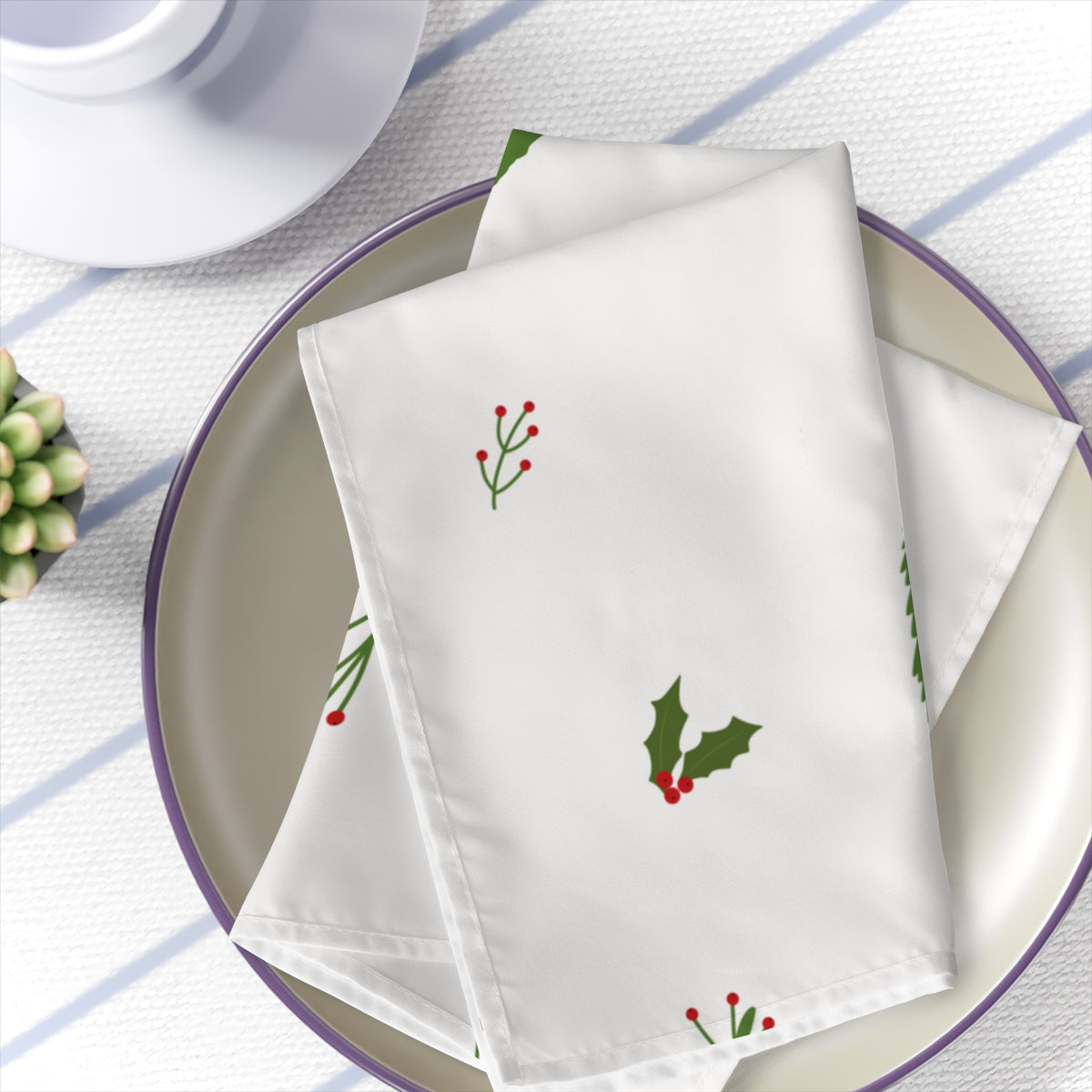 White Holiday Napkins - Evergreen Trees & Holly