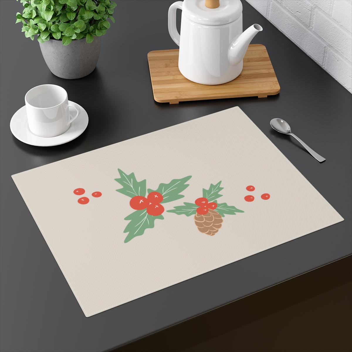 Holiday Table Placemat - Holly & Pinecones